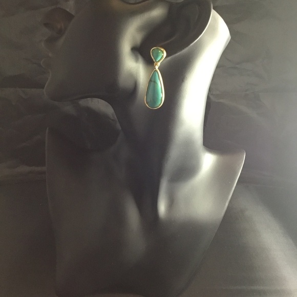 Gold Turquoise Teardrop Shaped Geometric Summer Statement Earrings - Picture 6 of 6